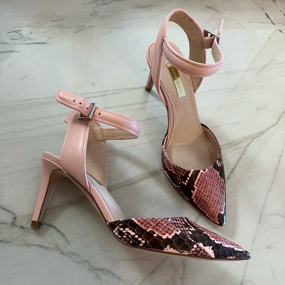 Louise Et Cie Lo-Kota Pink Snakeprint Leather Ankle Strap Heels
